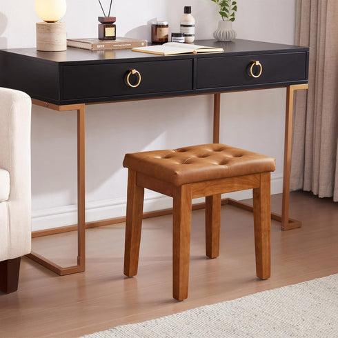 Upholstered Ottoman Stool with Padded Seat, Tufted Vanity Stool with Solid Wood Legs, Accent Stools, Faux Leather
