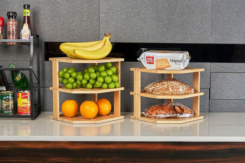 Countertop Umilife Plate Organizer for Cabinet, Bamboo Corner Shelf, Dish & Bread Organizer, Spice Rack, Kitchen
