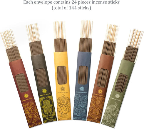 Jembrana Incense Sticks Mix, 6 Scents (144 Sticks Total), 24 Sticks Each of Sandalwood, Amber, and More