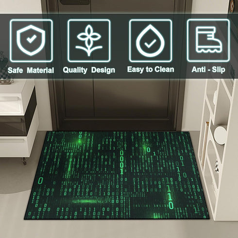 Washable Area Rug, Binary Code Design Entryway Doormat Faux Wool Non-Slip Low-Pile Carpet for Indoor Kitchen Bathroom