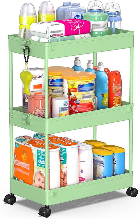 SPACEKEEPER Green 3-Tier Rolling Storage Cart, Bathroom & Kitchen Organizer, Modern Plastic