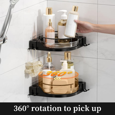 nohozi 360Rotating Caddy(2-Pack), Corner Shower No-Drill Adhesive Shower Shelf Organizer with Hooks, Lazy Susan