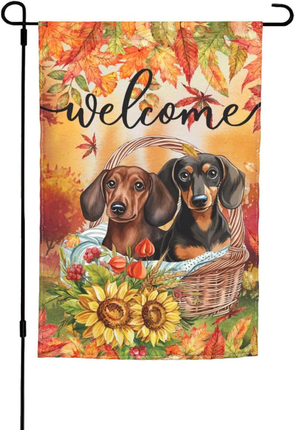 Welcome Fall Dachshund Dog Sunflower Garden Flag, 12x18 Inch Double Sided Vertical Decoration for Outside Holiday