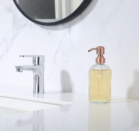 Rose Gold Glass Soap Dispenser with Rust Proof Metal Pump,16oz Vintage Soap Dispenser,Clear Glass Dish Soap Dispenser for Bathroom,Copper Kitchen Hand Soap Dispenser, Rose Gold Soap Dispenser