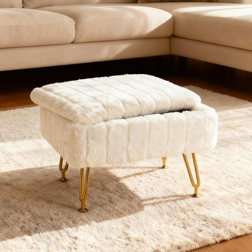 ACEQLYT Small Foot Stool, Small Ottoman with Storage, White Furry Footstool with Soft Padded Seat & Gold Metal Leg