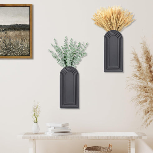 2 Pack Set Dnnnii Wooden Wall Vase - Black Finish Modern Farmhouse & Boho Wall Decor for Entryway, Hallway, Bathroom