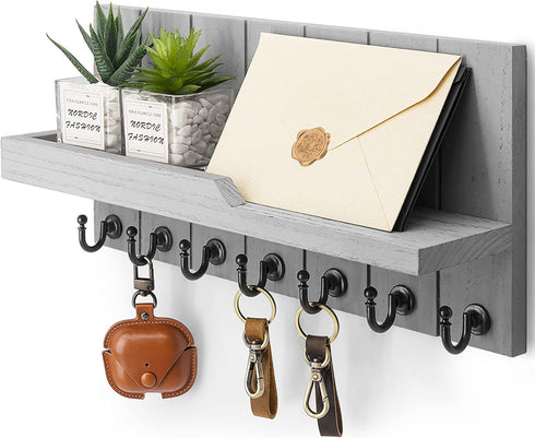 Rebee Vision Decorative Key and Mail Holder for Wall, 15 Inches Floating Shelf with 7 Key Hooks for Entryway Decor