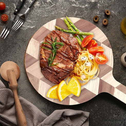 Acacia Wood Round Cutting Board with Handle, 9.85” x 13.75”, for Meat, Cheese, Pizza, Vegetables, Decorative Serving