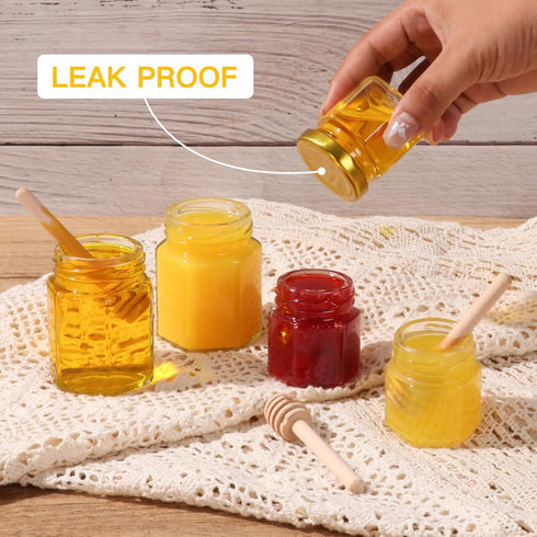 48 Pack 3 oz SZUAH Mini Honey Jars with Dipper, Glass Hexagon Honey Jar for Wedding Favors, Empty Glass Jars for Party