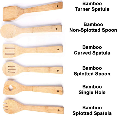 Huji Bamboo Wooden Spoons Set - Wooden Spatula Spoon for Cooking - Nonstick Kitchen Utensils