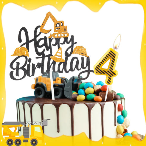 FUNCANDLE Set,Yellow 4 4th Construction Themed Birthday Candles White Stripes Number Candle with Construction Cake