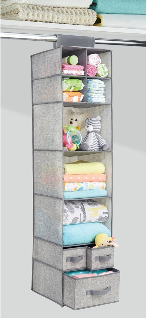 Closet 7 Shelves/3 mDesign Fabric Hanging Organizer - Over Rod Storage - Removable Drawers for Baby Nursery Bedroom