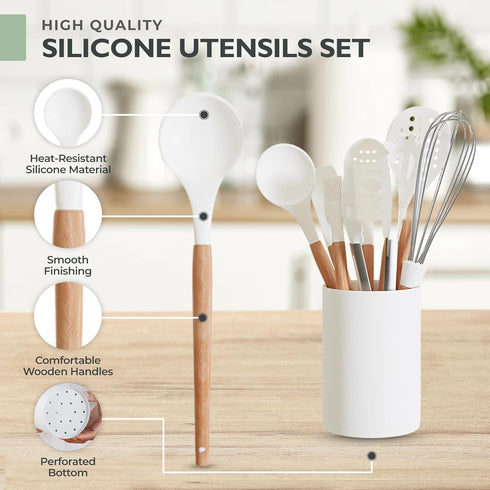 Silicone Kitchen Utensils Set with Holder, 11 Pcs Heat Resistant Wooden Cooking Gadgets for Baking, Home Kitchen