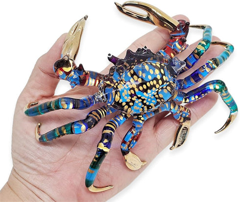 6" WitnyStore Small Long Blue Red Gold Dotted Crab Figurine - Miniature Hand Blown Painted Glass Crabs Crustacean
