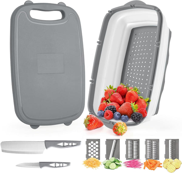 Gintan 9-in-1 Collapsible Camping Cutting Board with Colander, Gifts for Campers, Gray
