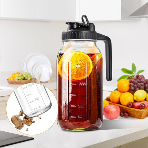 NIJIALGEXPY 64oz 2 Glass Pitcher with Lid, Quart Mason Jar Pitchers with Lid and Spout, Wide Mouth Breast Milk Pitcher