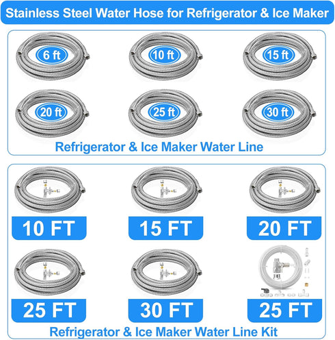 Refrigerator Water Line, 10 FT Premium Stainless Steel Braided Ice Maker Water Hose with 1/4" Fittings
