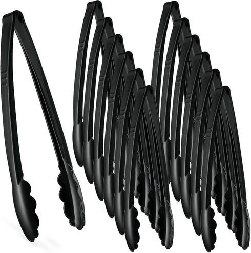 Plasticpro 12'' Serving Tongs, Heavy Duty Reusable Black Tongs for Kitchen and BBQ, Pack of 12 for Parties, Catering,
