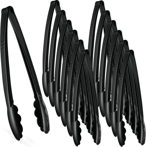 Plasticpro 12'' Serving Tongs, Heavy Duty Reusable Black Tongs for Kitchen and BBQ, Pack of 12 for Parties, Catering,
