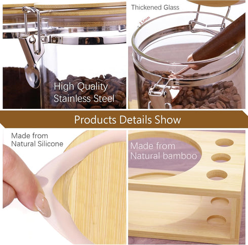 Matifaner Countertop Tea,40 Fluid-oz,Pack 3 Glass Coffee Storage Containers with Bamboo Shelf,Ground Coffee Holder