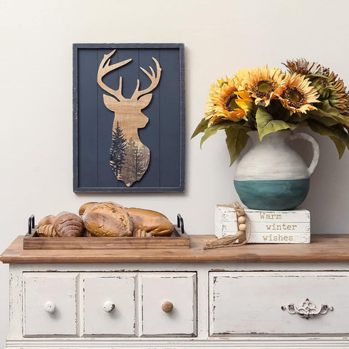 12 16 Inches NIKKY HOME Cabin Wall Decor, Decorative Deer Wood Framed Forest Mountain Woodland Wildlife Lodge Elk