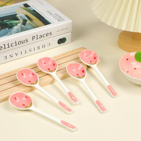 MWRDSM 5 (5) Pcs Ceramic Soup Spoons Cute Strawberry Spoons Long Handle Porcelain Tablespoons Reusable Dinnerware
