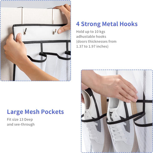 35 Pockets Over the Door Shoe Organizer, Hanging Storage Bag with 35 Mesh Pockets and 4 Metal Hooks
