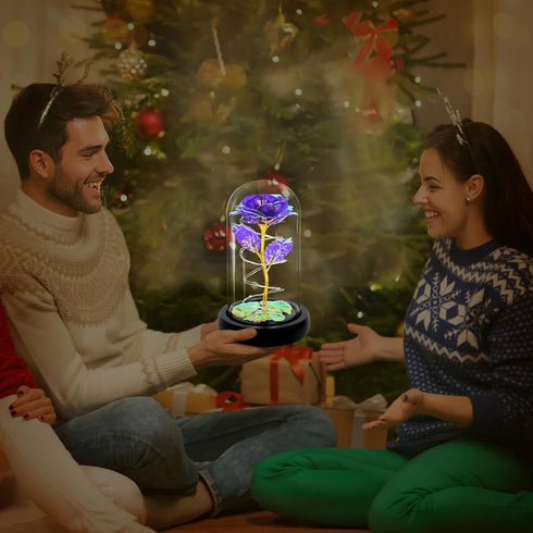 Childom Light Up Rose in Glass Dome, Colorful Purple Flowers for Women, Mom, Grandma, Christmas, Anniversary Gifts