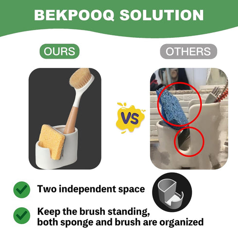 2-in-1 Countertop Countertops Ceramic Sponge Holder for Kitchen Sink, Sponge & Brush Organizer, Compact Sink Caddy