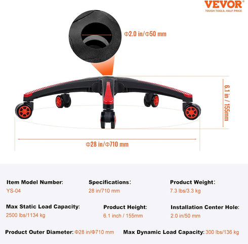 VEVOR Office Chair Base Replacement, 28", 2500 lbs Static Load, Heavy Duty Desk Chair Base with 5 Casters, Black + Red