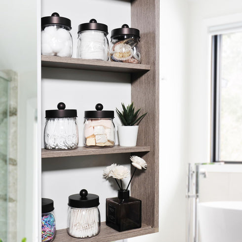 Farmhouse Decor Apothecary Jar Set, Mason Jar Bathroom Storage Organizer for Cotton Swabs, Floss Picks (4 Pack, Bronze)