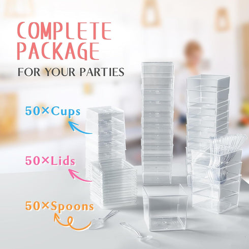 5 oz 50 Pack Qeirudu Square Dessert Cups with Lids and Spoons, Mini Plastic Parfait Cups Small Shooter Cups for Pudding