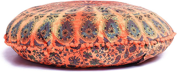 32 Inch Floor Pillow Cover Only Orange Tie Dye Mandala Cushion Case, Round Meditation Cushion Cover