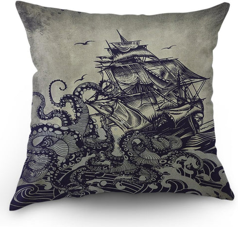 Kraken Pillow Cover Vintage Sail Boat Ocean Waves Octopus Throw Pillow Case - 18 x 18 Inch Home Textile Cotton Linen