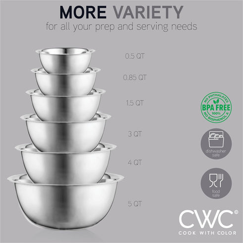 COOK WITH COLOR Stainless Steel Mixing Bowls - 6 Piece Stainless Steel Nesting Bowls Set includes 6 Prep Bowl and Mixing Bowls by COOK WITH COLOR