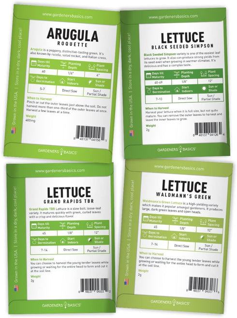 8 Packets Gardeners Basics, Leafy Garden Greens Seeds for Planting Individual - Arugula, Collards, Spinach, Swiss