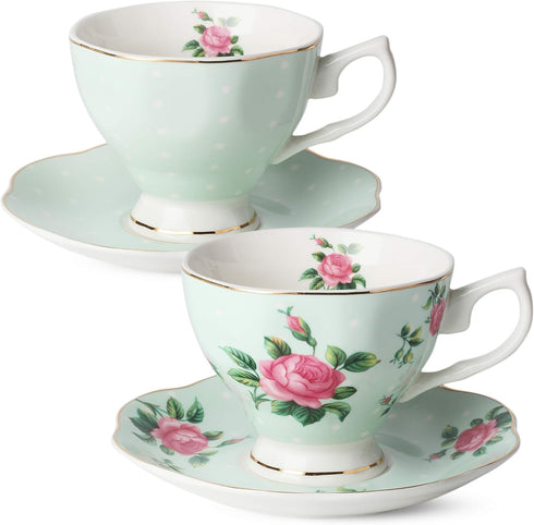 BTaT Floral Tea Cups and Saucers Set of 2, 8oz Coffee Cups with Gold Trim, British Tea Cups
