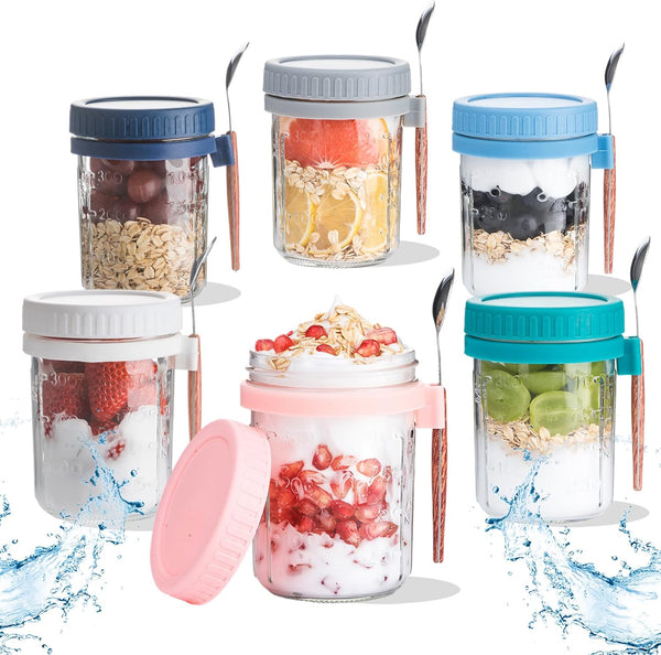 Ipukr Overnight Oats Containers with Lids & Spoons, 16 oz Reusable On-the-Go Cereal