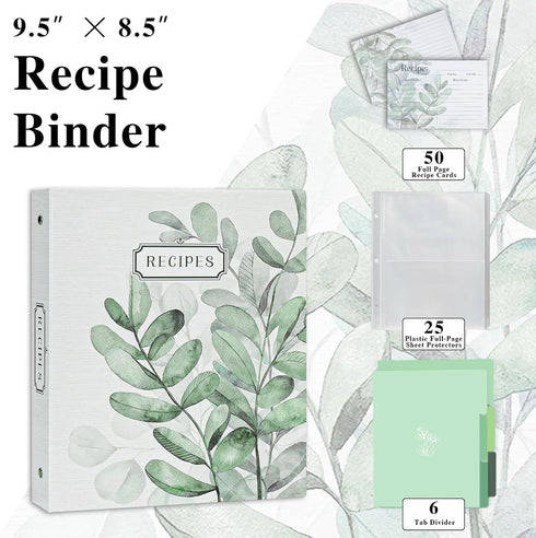 Recipe 3 Ring Binder 8.5x9.5, Organizer Set with 25 Slot Pages, 50 Recipe Cards, 6 Divider Pages