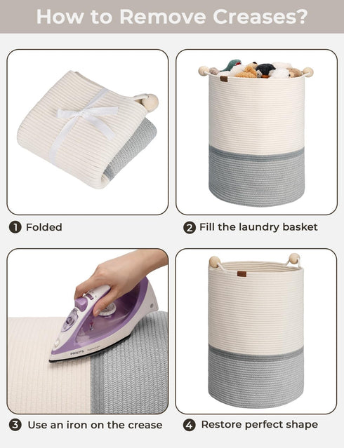 StorageWorks 72L Cotton Rope Laundry Basket with Wooden Beads Handles, Woven Storage for Dirty Clothes, White & Grey