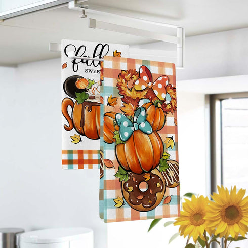 Fall Sweet Fall Cartoon Mouse Pumpkin Kitchen Dish Towels Set of 2 - Autumn Coffee Wreath Doughnut Drying Cloths
