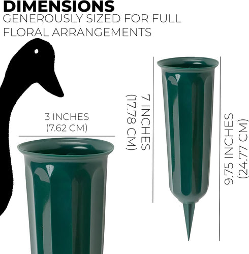 Black Duck Brand Green Plastic Cemetery Memorial Grave Flute Flower Vases, 9.75", 2 Pack
