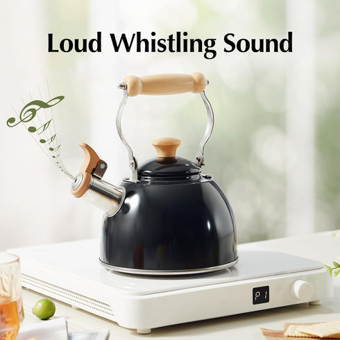 ROCKURWOK Tea Kettle, Tea Pot with Cool Touch Ergonomic Handle, Tea Kettle Food Grade Stainless Steel, Tea Kettle Stovetop, Kettle Teapot, Whistling Tea Kettle, Small Tea Kettle, 1.6 Quart (Black)
