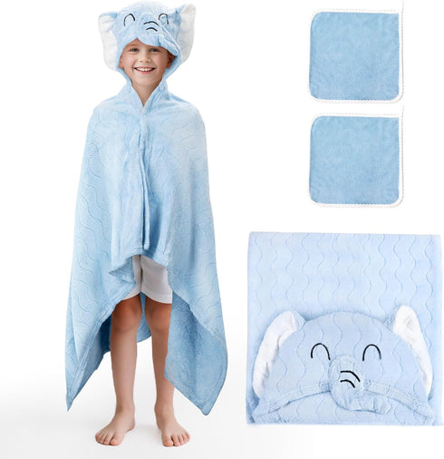 UNEEDE Blue Elephant Bath Hooded Towel for Kids,Extra Soft and Fast Drying