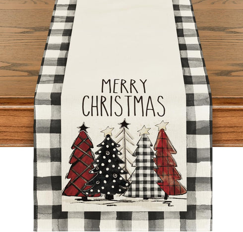 Artoid Mode Watercolor Buffalo Plaid Christmas Trees Table Runner, Merry Xmas Holiday Kitchen Dining Decoration 13 x