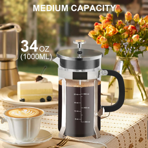 French Press Coffee Maker, 34oz 304 Stainless Steel with 2 Filters, Heat Resistant Borosilicate Glass, BPA Free