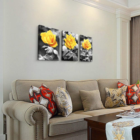 Canvas Wall Art - Black and White Yellow Rose Flowers Paintings - 12" x 16" - 3 Pieces Framed Modern Office Home Decor