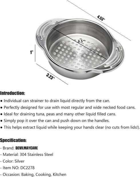 DEVILMAYCARE 2-Pack Stainless Steel Food Can Drainer Strainer, Kitchen Tools for Tuna Can Oil Press and Opener