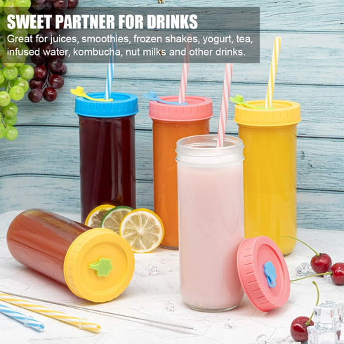 Glass Drinking Bottle Travel Jars 6 Pack, 16oz Mason Jars with Airtight Lids & Straws, Reusable Skinny Tumbler for