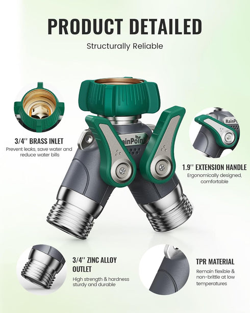 2 3/4'' 100% (1 Pack) RAINPOINT Garden Hose Splitter Way Heavy Duty, Connector Water Hose Bib Y Spigot Splitter